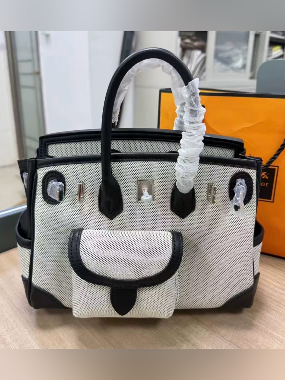 COMING SOON - CARGO BIRKIN STYLE HANDBAG - black and two tone sesame